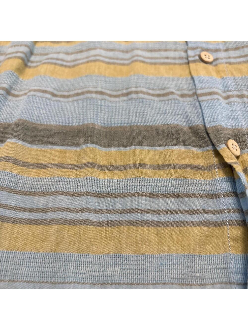 True Grit Men's Size M Short Sleeve Button Down Shirt Striped Blue Yellow Slub - Picture 4 of 9